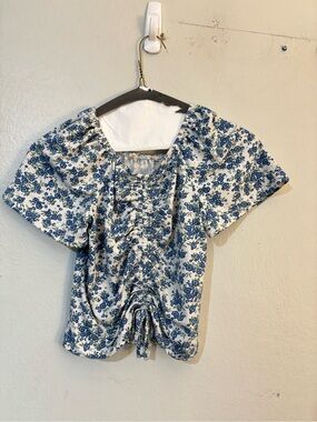 Blue Floral Ruched Front Women's Top